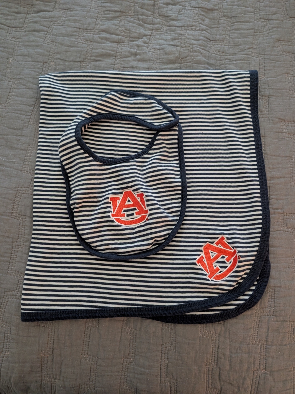 Auburn Baby Bib and Blanket Set - Navy & White Stripe, Auburn University Logo